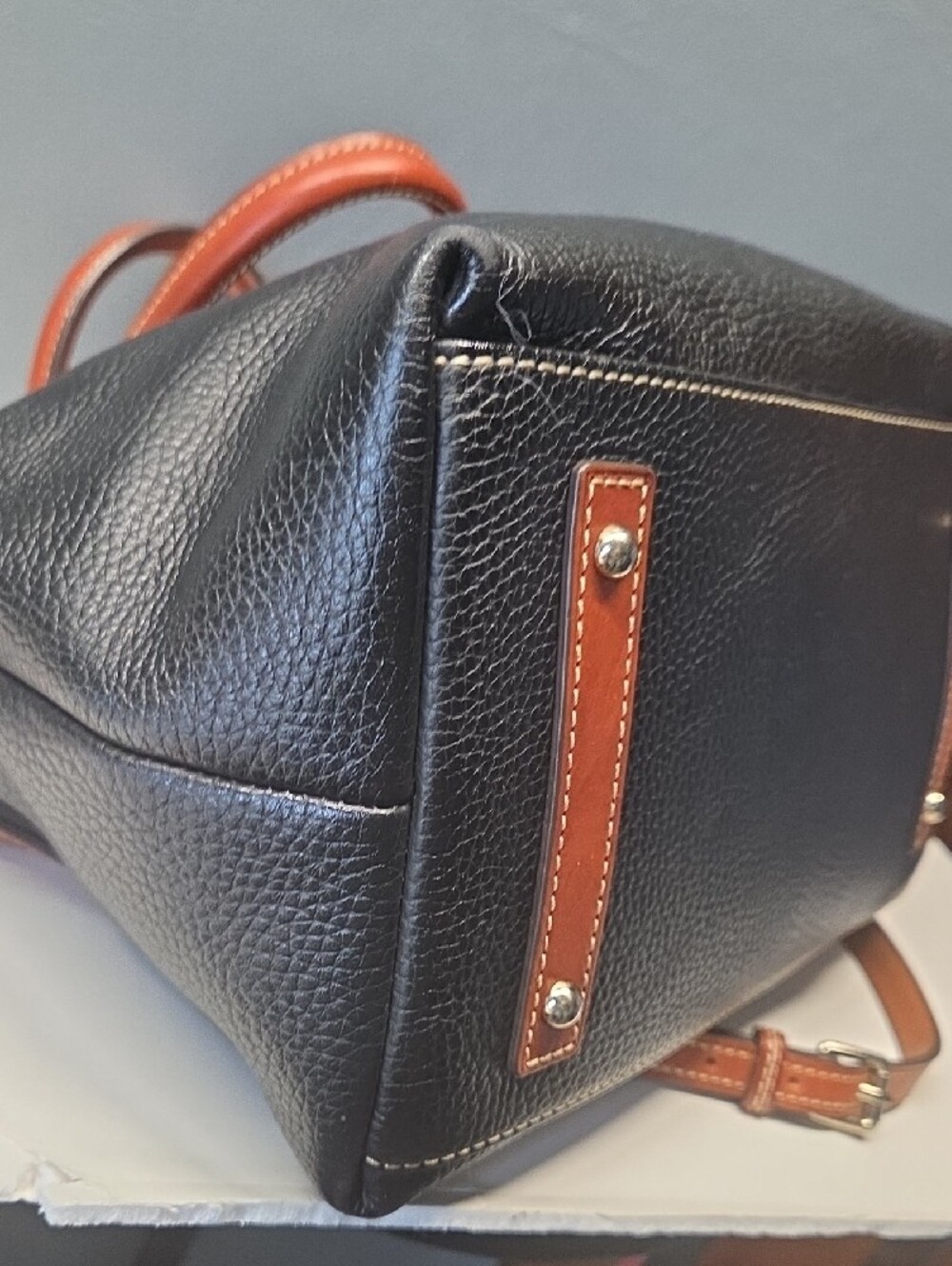 Dooney & Bourke Black Pebble Leather Satchel with Brown Trim - Picture 5 of 10